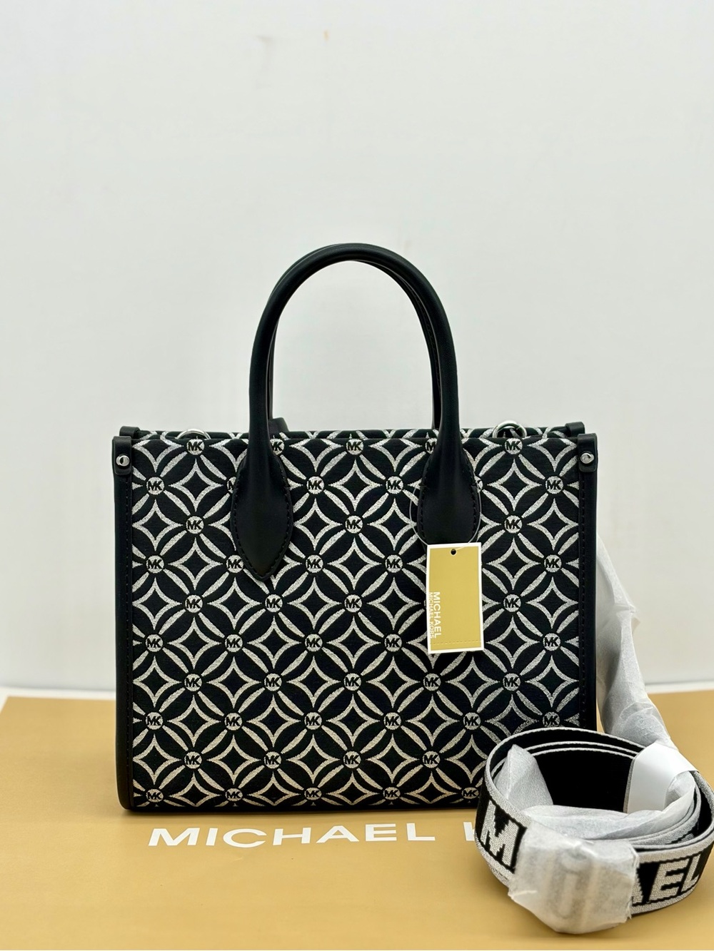 Michael Kors Mirella Small Metallic Logo Jacquard Crossbody Bag Black/Silver - Picture 7 of 12